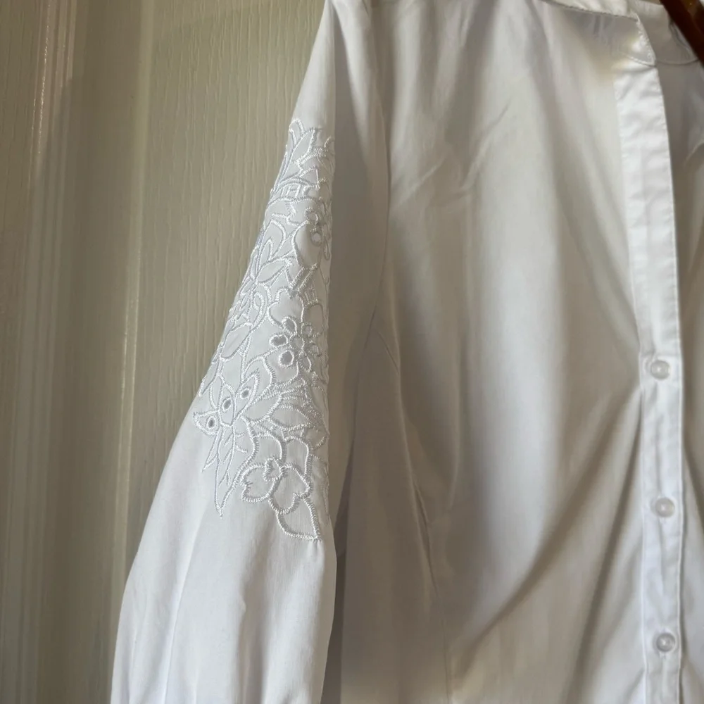 Zac & Rachel White Button-Front Collar Blouse embroidered Eyelet Detail Sz L - Picture 3 of 6